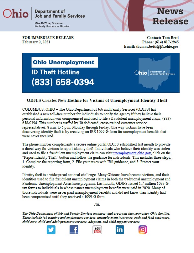 ODJFS ID Theft Hotline News Release 2-4-21 pic